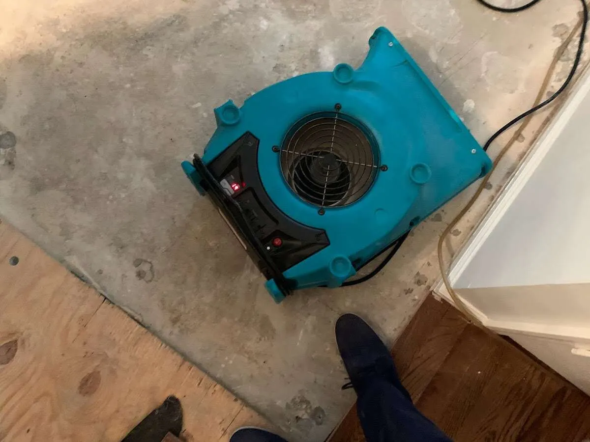 Air mover drying subfloor during Commercial Water Damage Restoration in Wall